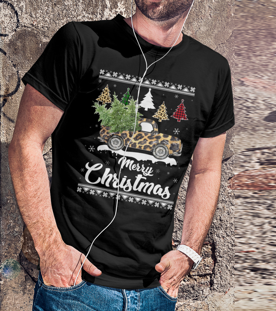 Merry Christmas Leopard Truck Plaid Trees Snowflakes T-Shirt