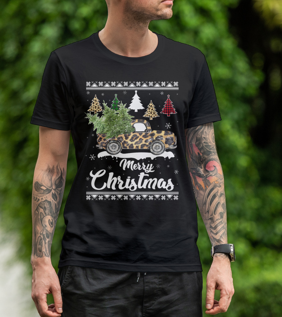 Merry Christmas Leopard Truck Plaid Trees Snowflakes T-Shirt