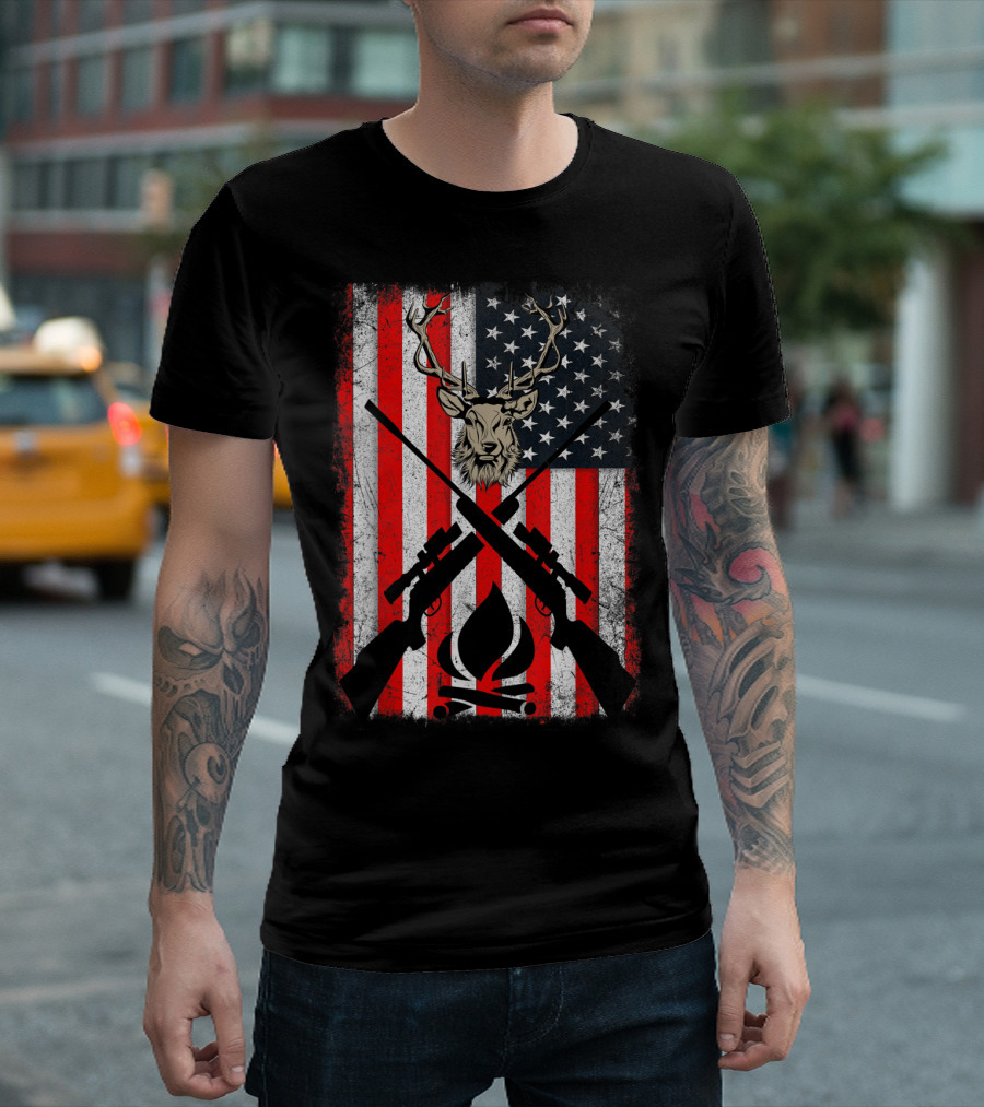 Patriotic Deer Hunting With American Flag And Rifles T-Shirt