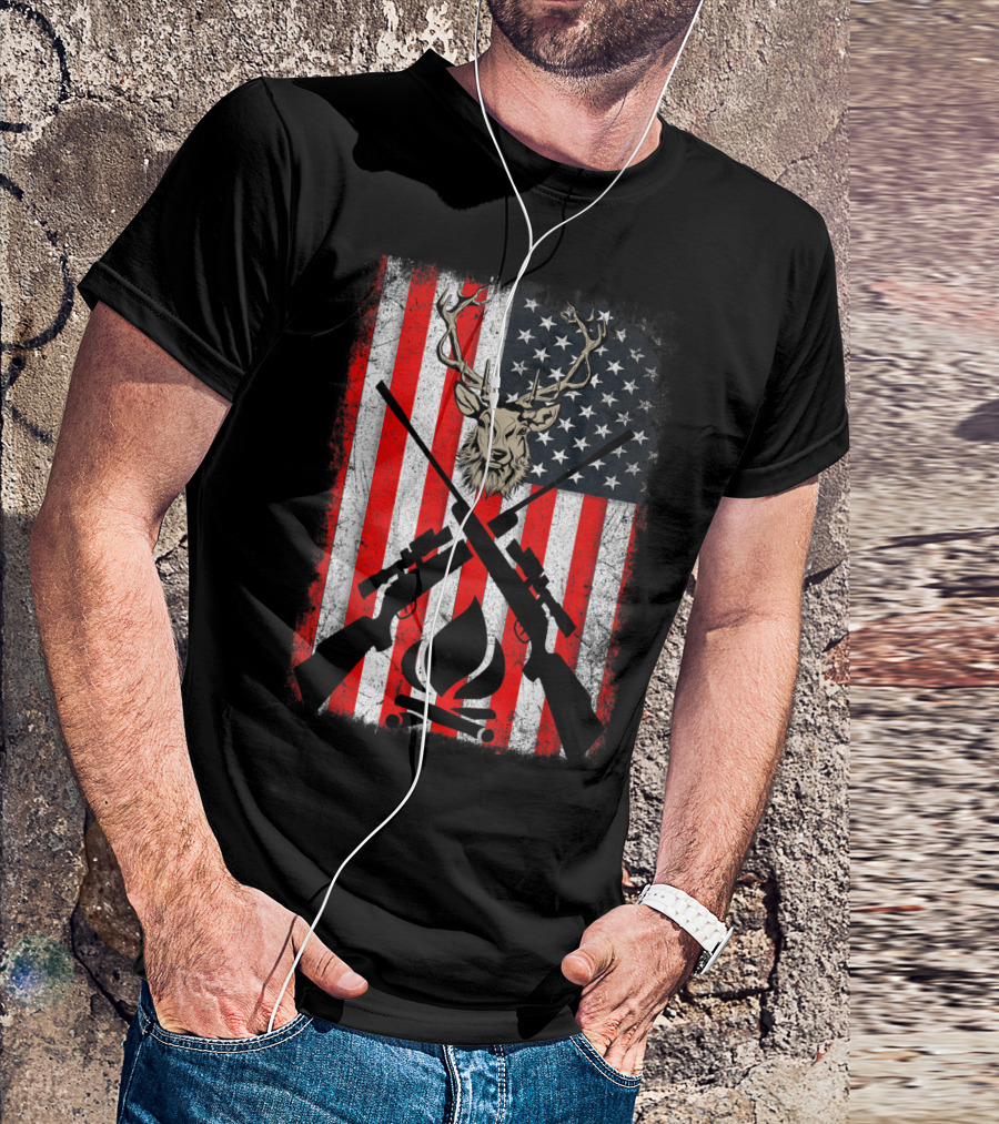 Patriotic Deer Hunting With American Flag And Rifles T-Shirt