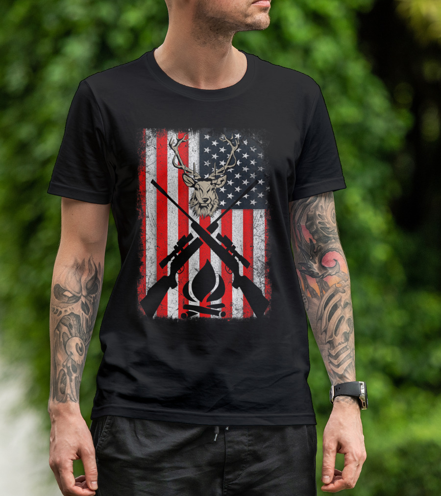 Patriotic Deer Hunting With American Flag And Rifles T-Shirt