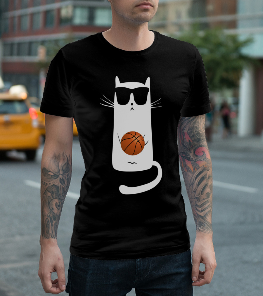Humorous Sunglass-Wearing Cat with Basketball in Whimsical Pose T-Shirt