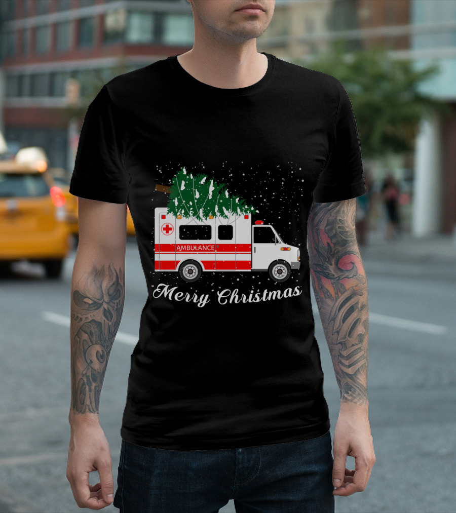 Merry Christmas Ambulance Carrying Christmas Tree in Snowfall T-Shirt