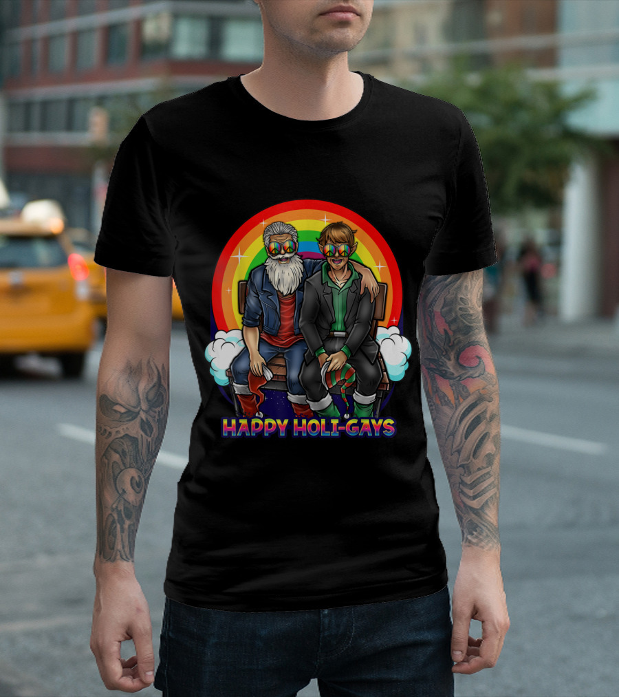 Happy Holi-Gays Funny Rainbow Santa and Elf Christmas T-Shirt
