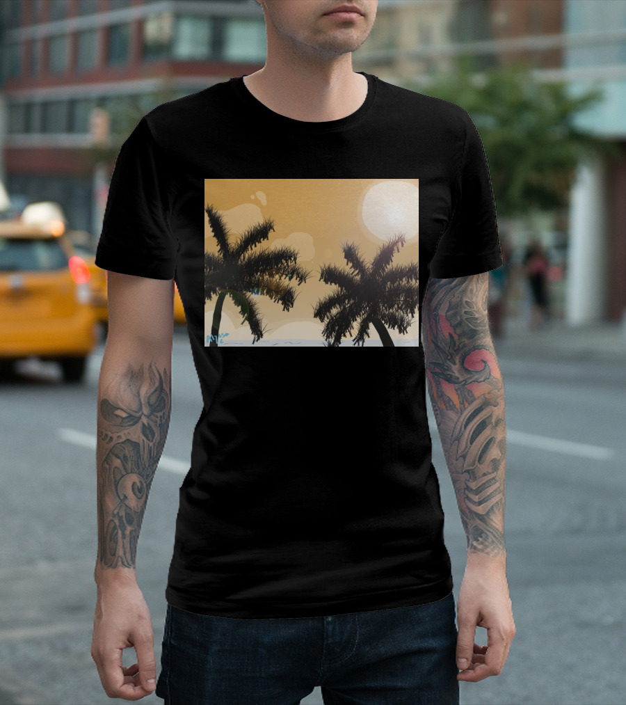 Beach Breeze Tropical Palm Sunset Ocean Scene T-Shirt