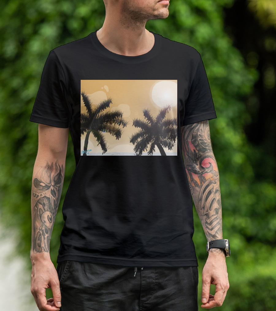 Beach Breeze Tropical Palm Sunset Ocean Scene T-Shirt