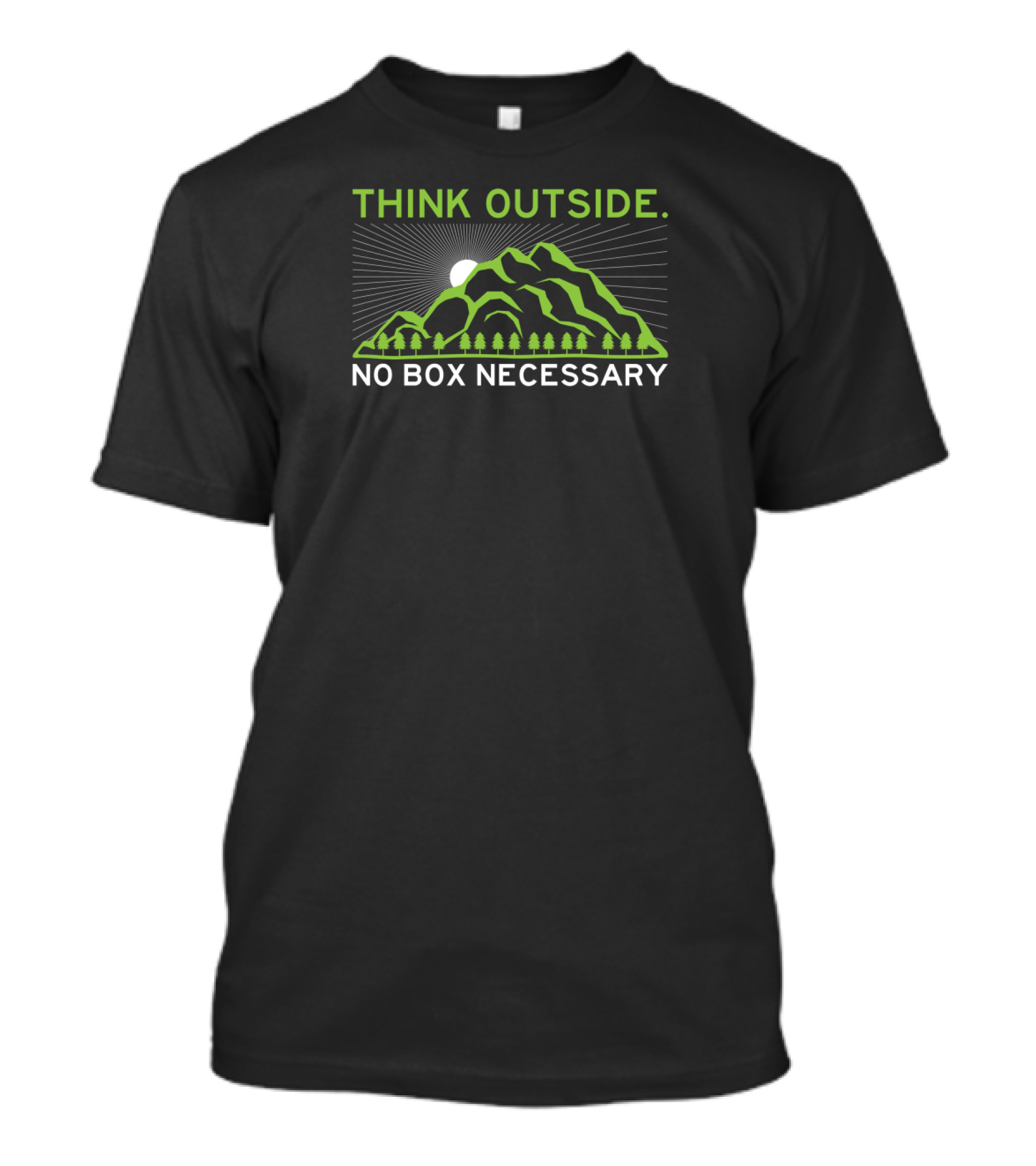 Think Outside No Box Necessary Funny Hiking Pun With Mountain And Sunburst Image T-Shirt