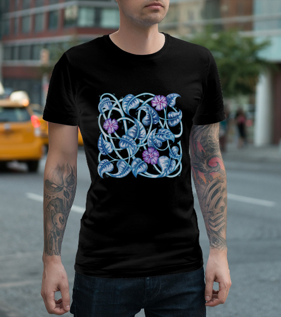 Morning Glory Floral Blue Vines And Purple Blossoms T-Shirt