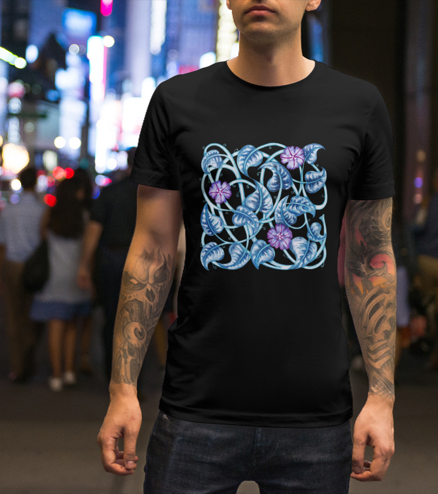 Morning Glory Floral Blue Vines And Purple Blossoms T-Shirt