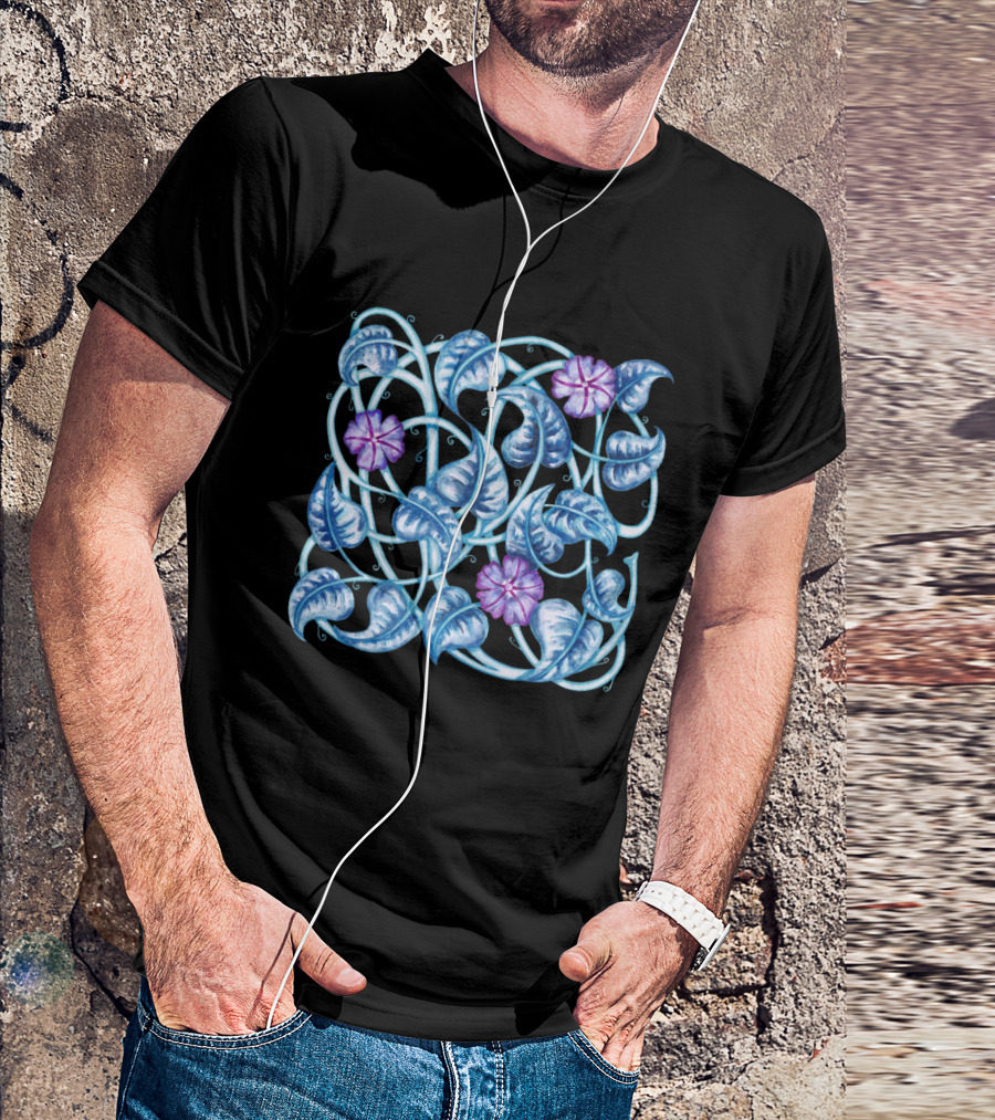 Morning Glory Floral Blue Vines And Purple Blossoms T-Shirt