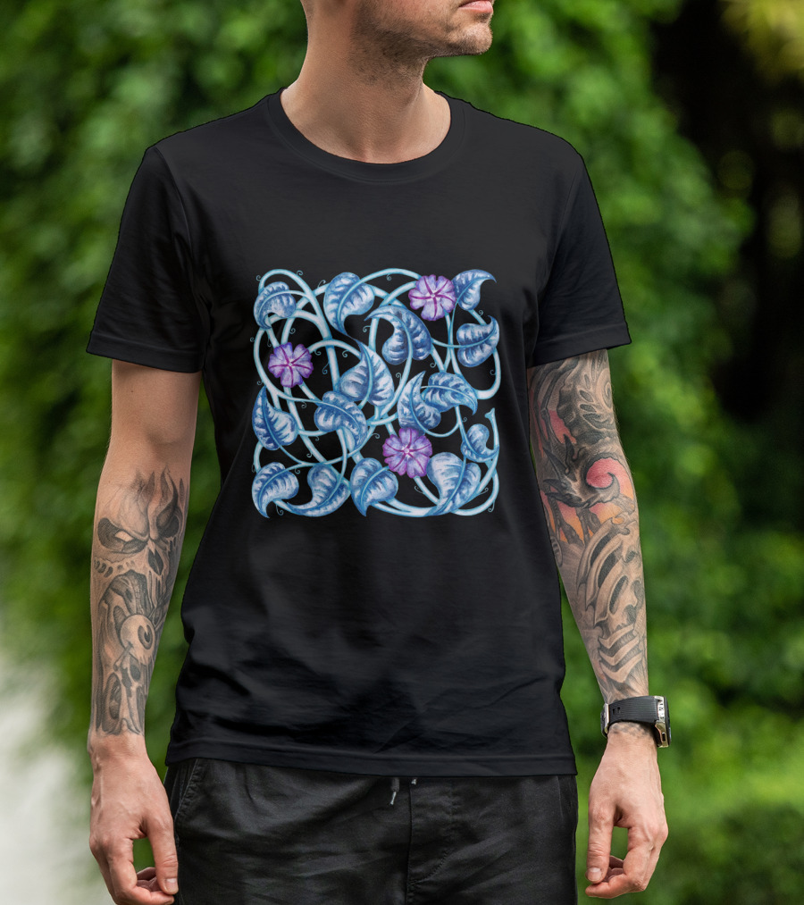 Morning Glory Floral Blue Vines And Purple Blossoms T-Shirt