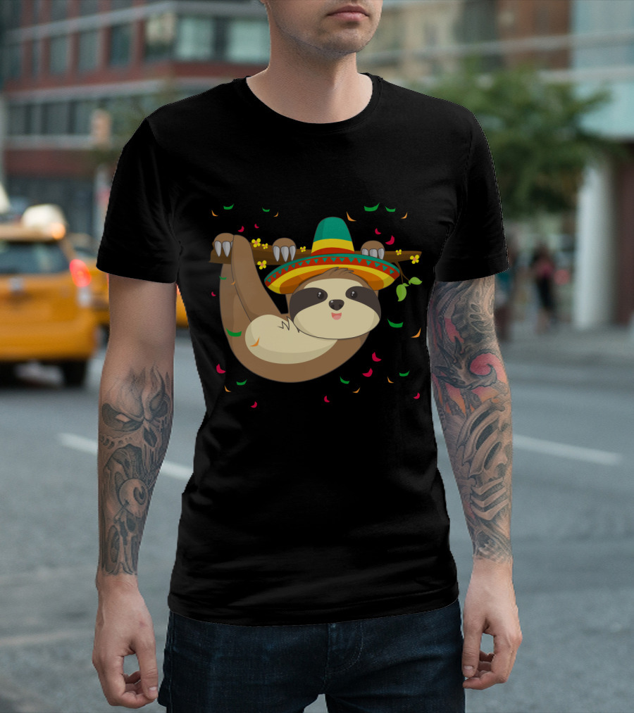Cute Climbing Sloth Sombrero Celebration Fiesta Confetti T-Shirt