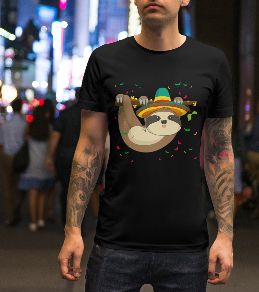 Cute Climbing Sloth Sombrero Celebration Fiesta Confetti T-Shirt