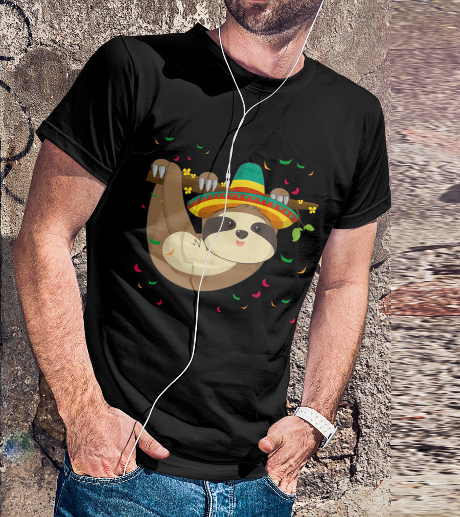 Cute Climbing Sloth Sombrero Celebration Fiesta Confetti T-Shirt