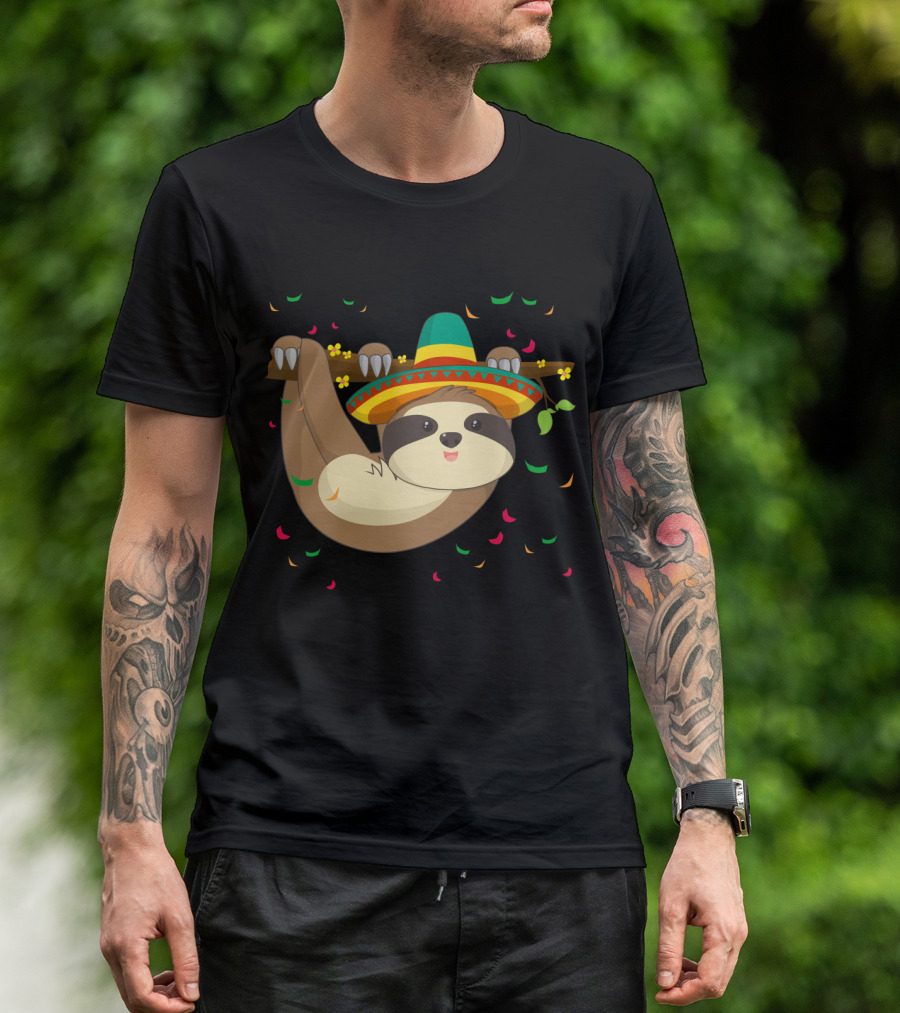 Cute Climbing Sloth Sombrero Celebration Fiesta Confetti T-Shirt