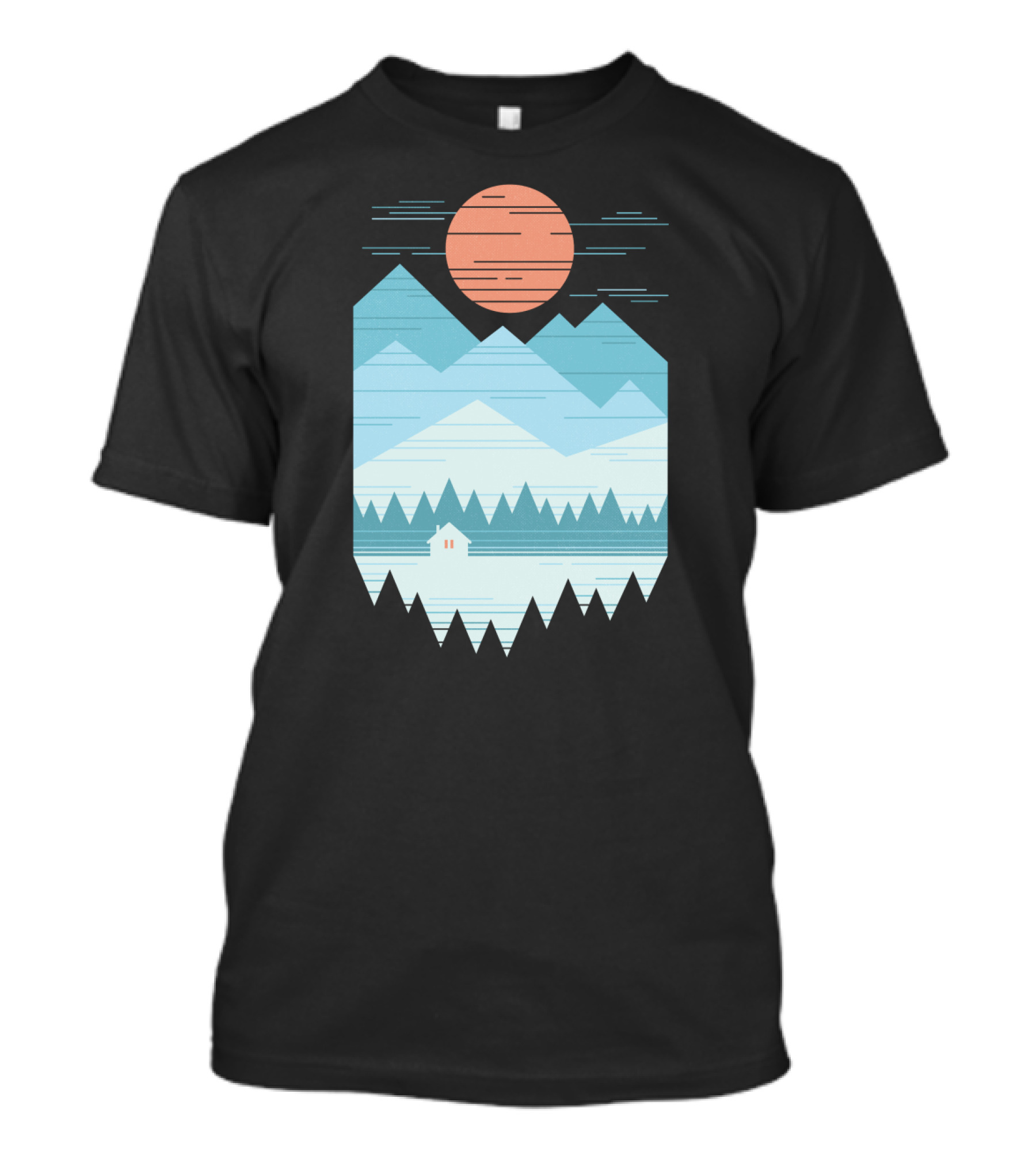 Cabin In The Snow With Geometric Mountains And Red Sun T-Shirt
