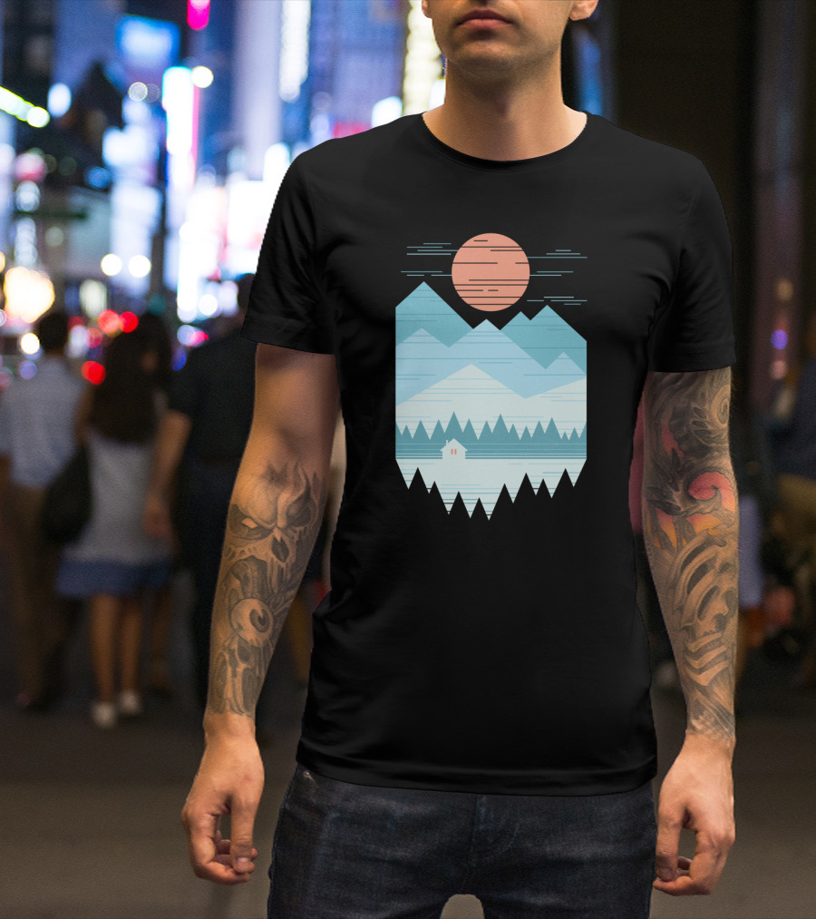 Cabin In The Snow With Geometric Mountains And Red Sun T-Shirt