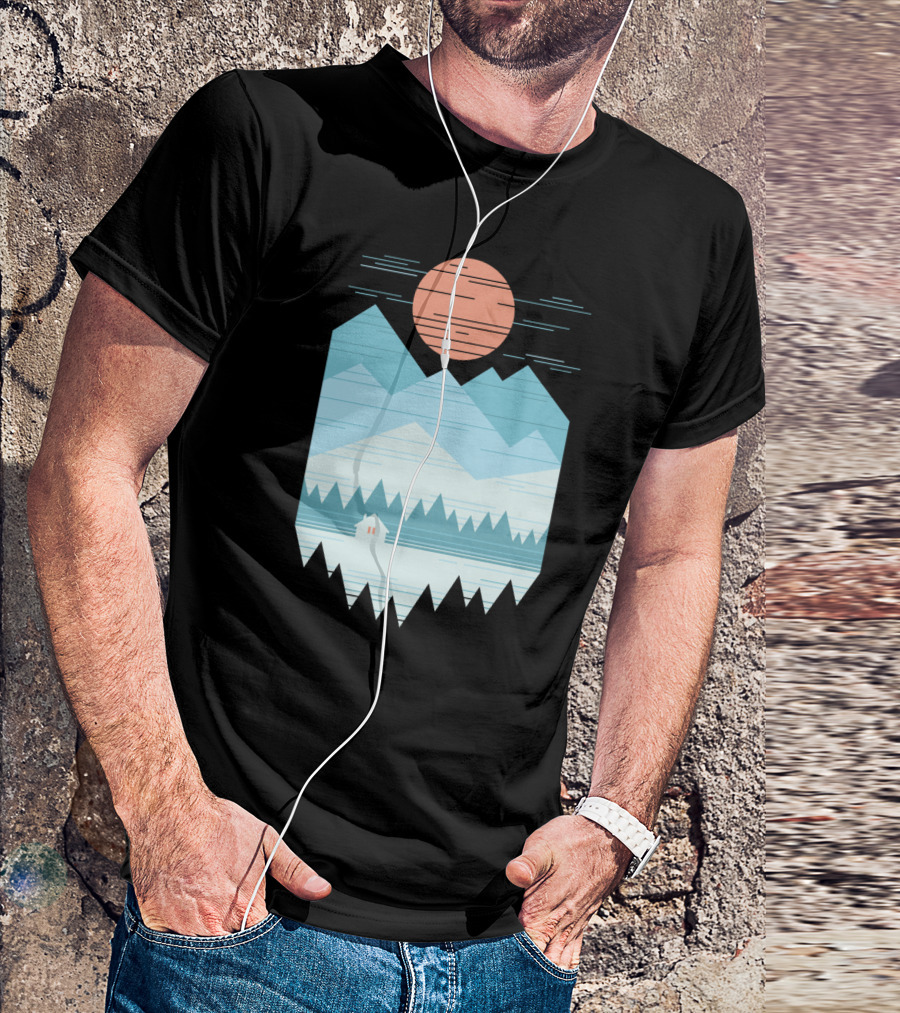 Cabin In The Snow With Geometric Mountains And Red Sun T-Shirt