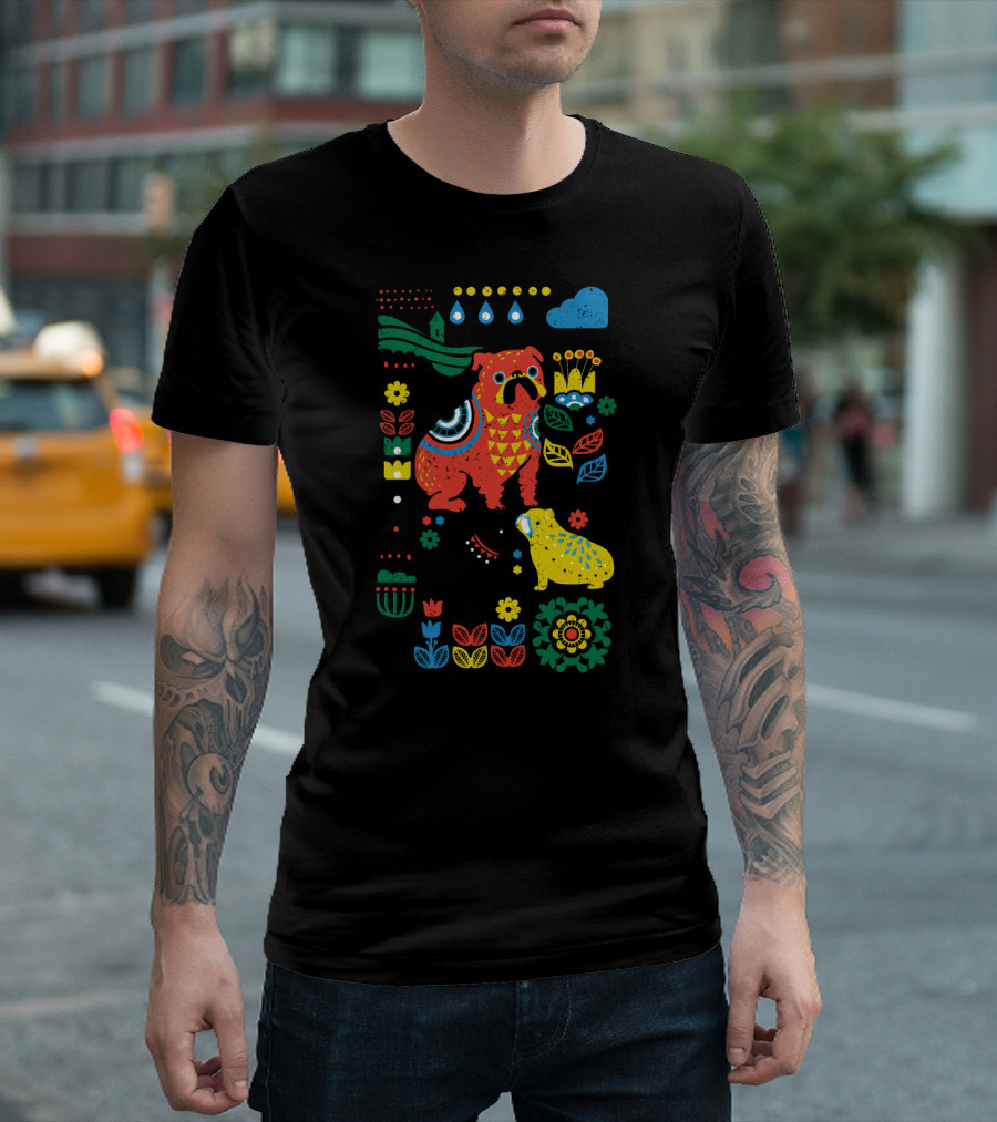 Scandinavian Style English Bulldog with Vibrant Patterns and Iconic Folk Art Motifs T-Shirt