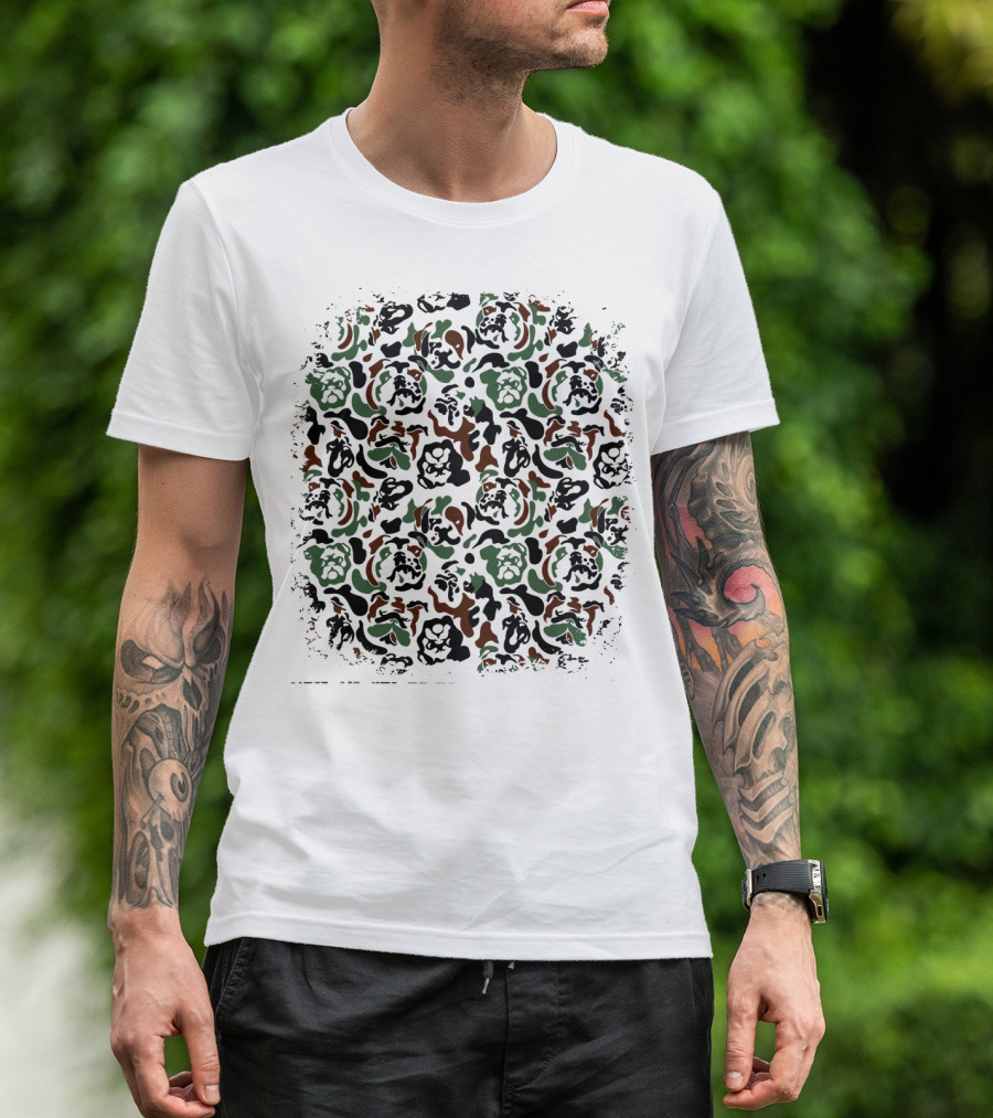 English Bulldog Camouflage Pattern In Green Brown And Black T-Shirt