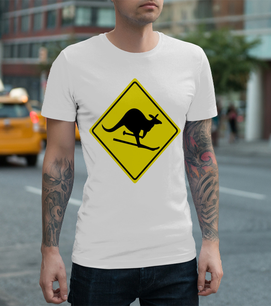 Kangaroo Skiing Road Sign Icon Yellow Caution T-Shirt