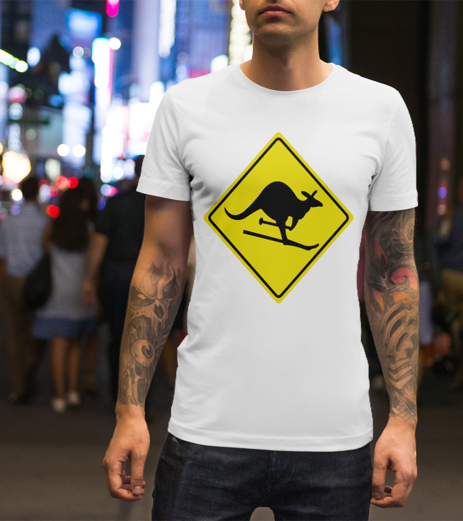 Kangaroo Skiing Road Sign Icon Yellow Caution T-Shirt