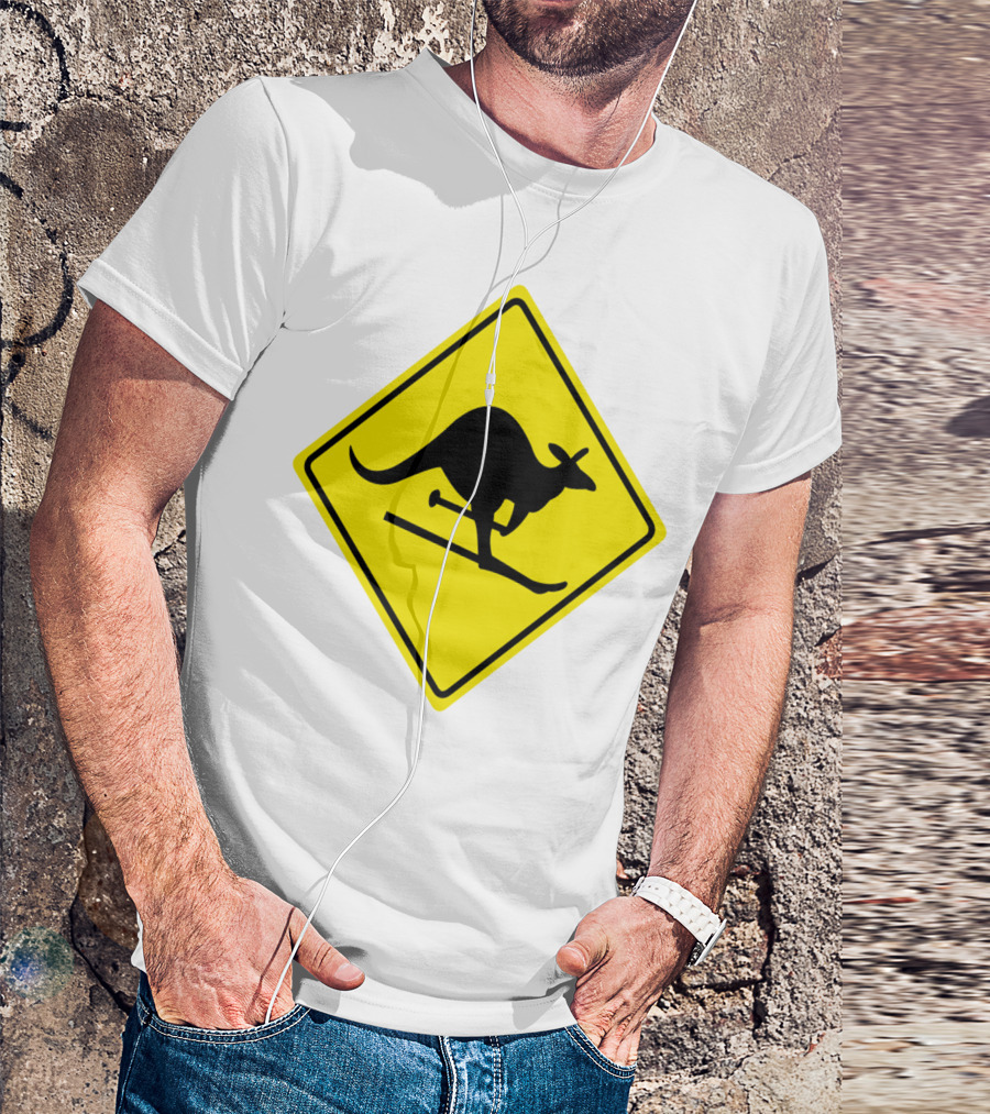 Kangaroo Skiing Road Sign Icon Yellow Caution T-Shirt