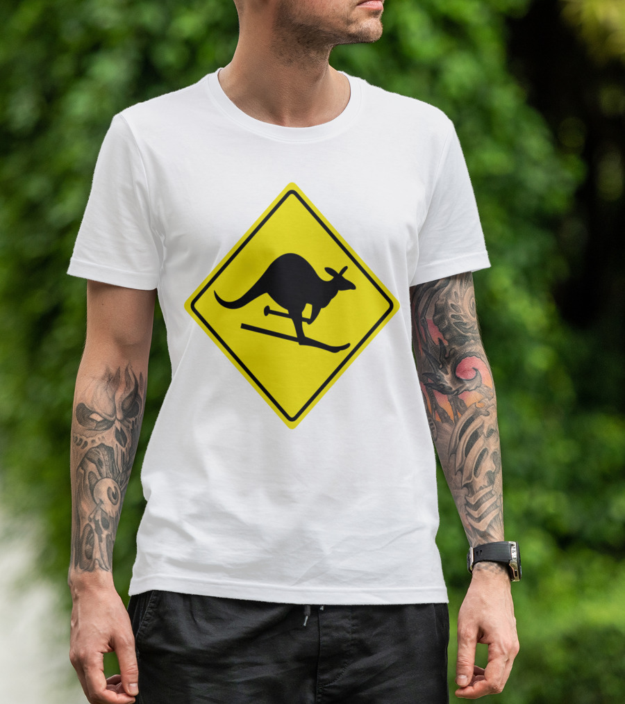 Kangaroo Skiing Road Sign Icon Yellow Caution T-Shirt