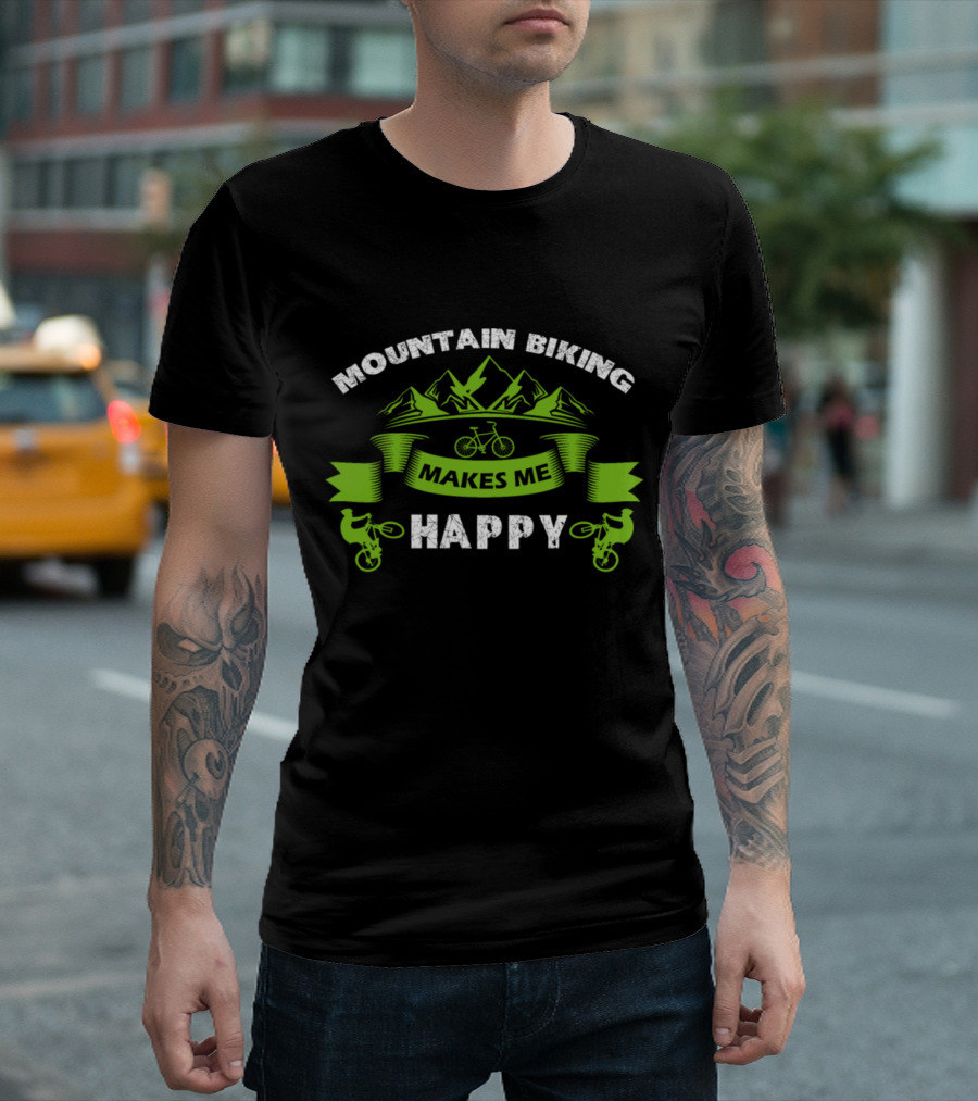 Mountain Biking Makes Me Happy Banner with Mountains and Bicycles T-Shirt
