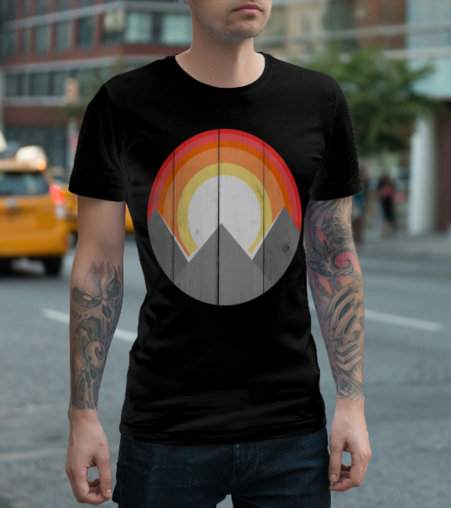 Colorful Retro Sun and Mountain with Circular Gradient on Wood Texture T-Shirt