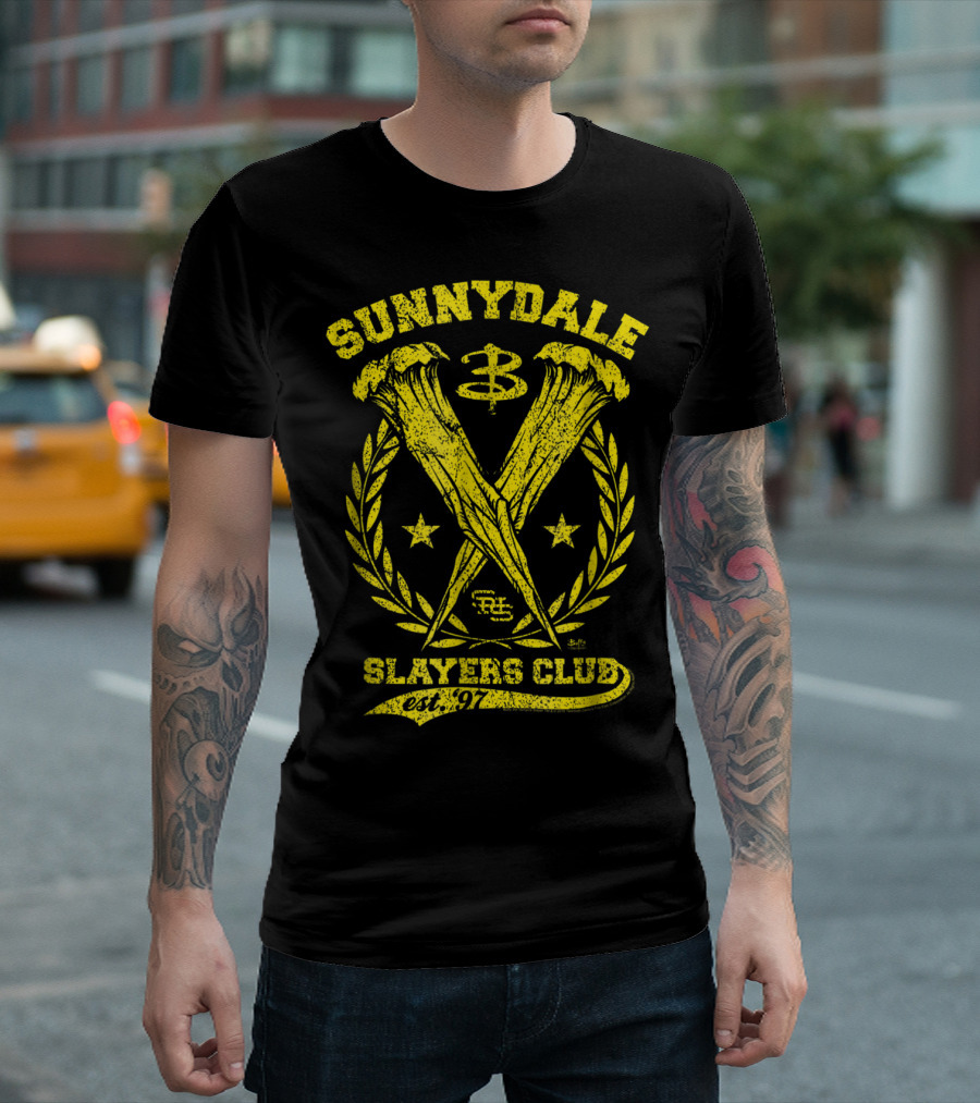 Sunnydale Slayers Club Est. 1997 Buffy Cross Stakes Emblem T-Shirt