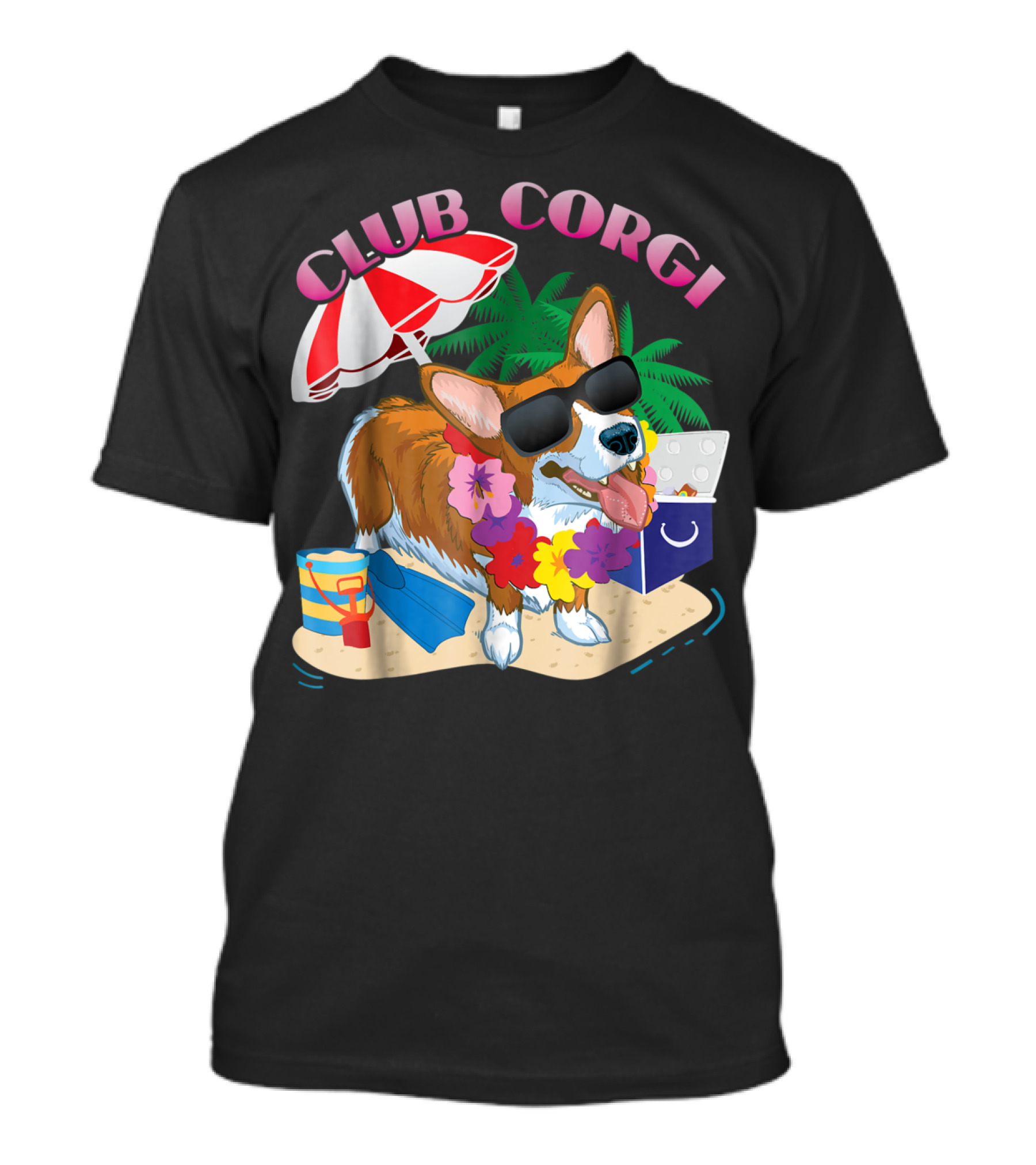 Club Corgi Fun Loving Corgi Owners Beach Vibes Sunglasses Palm Trees Umbrella T-Shirt
