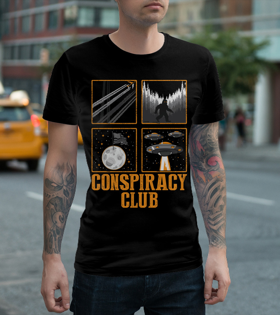 Conspiracy Club Bigfoot UFO Aliens Moon Forest Trails T-Shirt