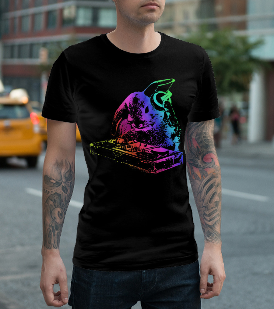 Rainbow DJ Rabbit With Headphones And Mixer T-Shirt