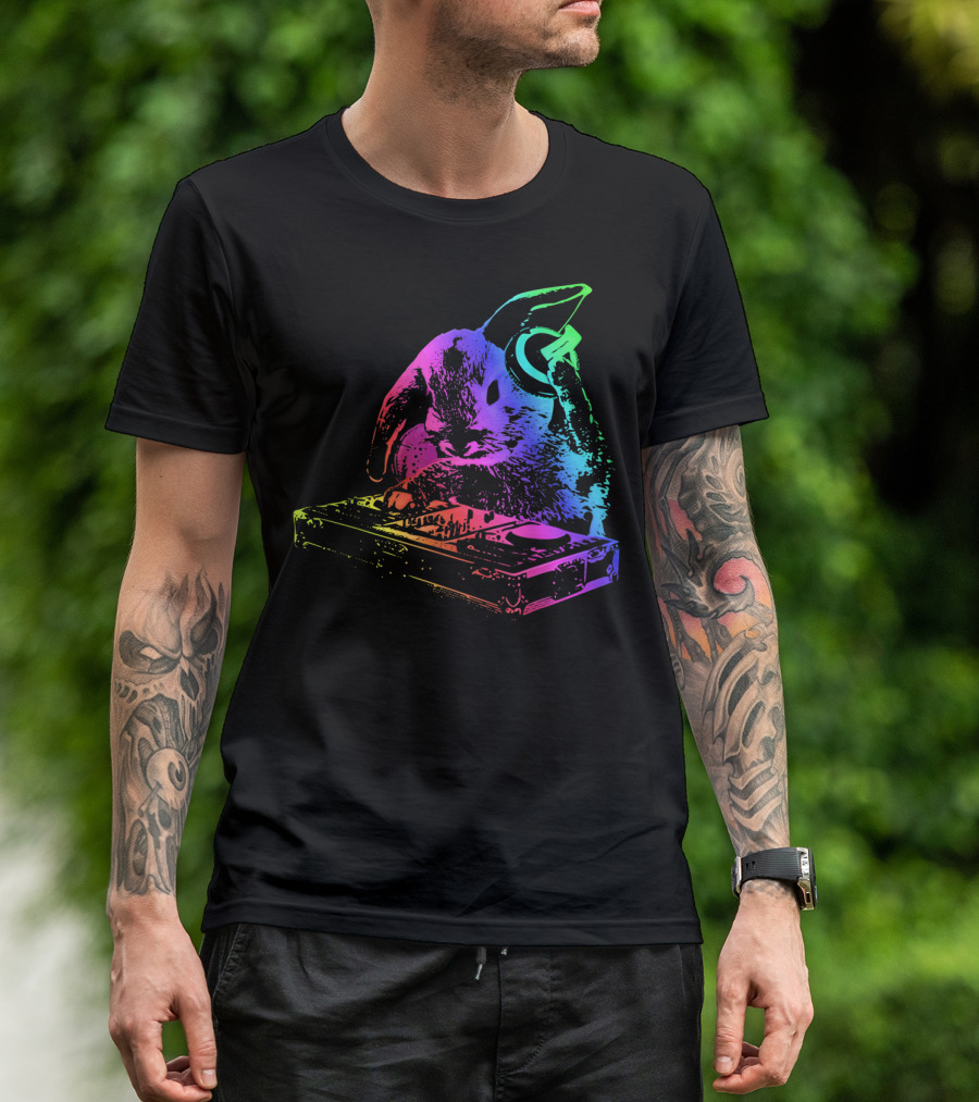 Rainbow DJ Rabbit With Headphones And Mixer T-Shirt