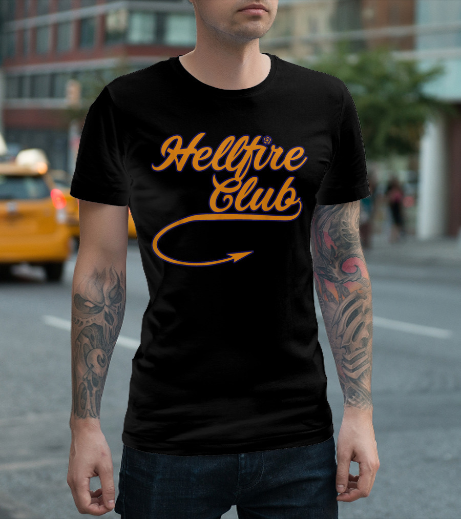 Hellfire Club Retro Orange Script with Devil Tail Arrow T-Shirt