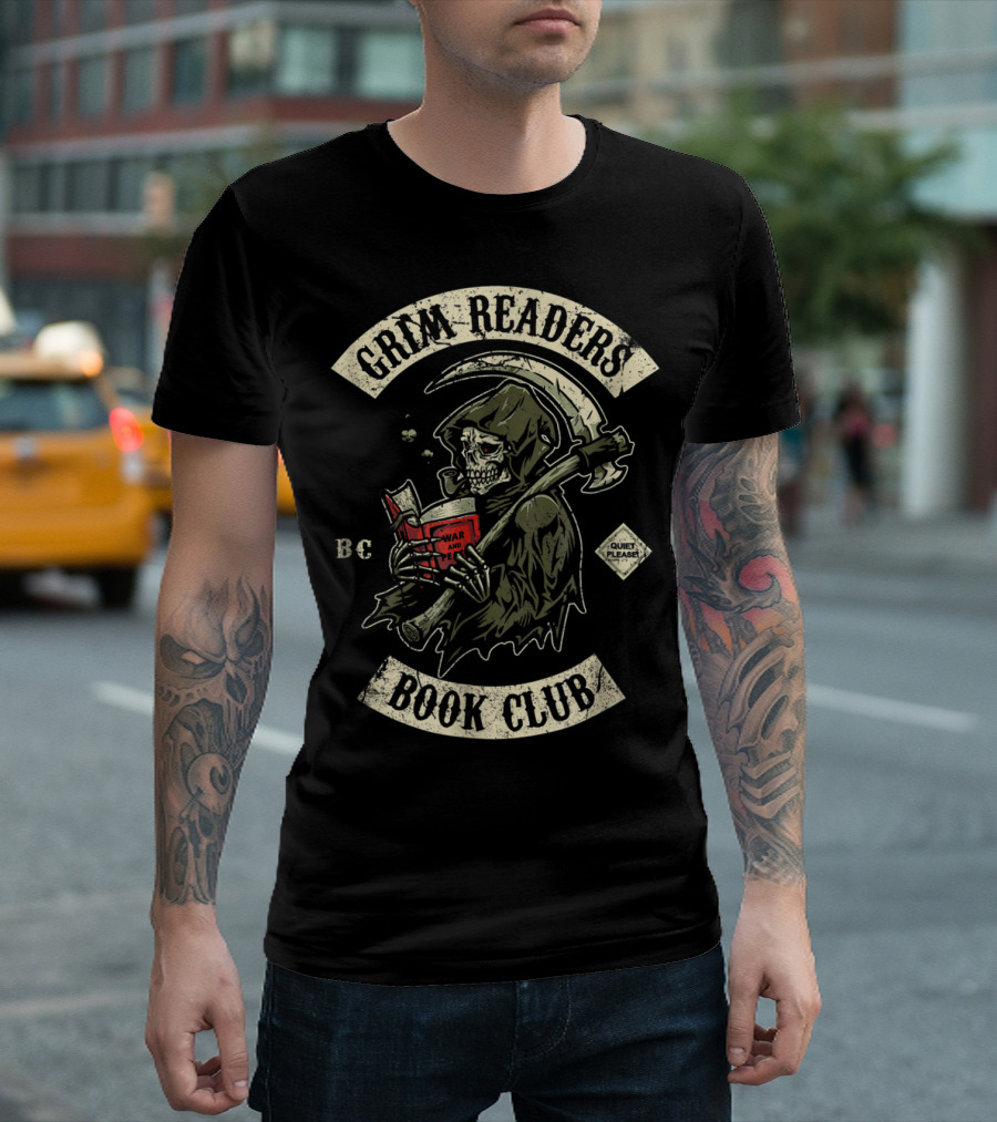 Grim Readers Book Club Quiet Please BC with Grim Reaper and Scythe T-Shirt