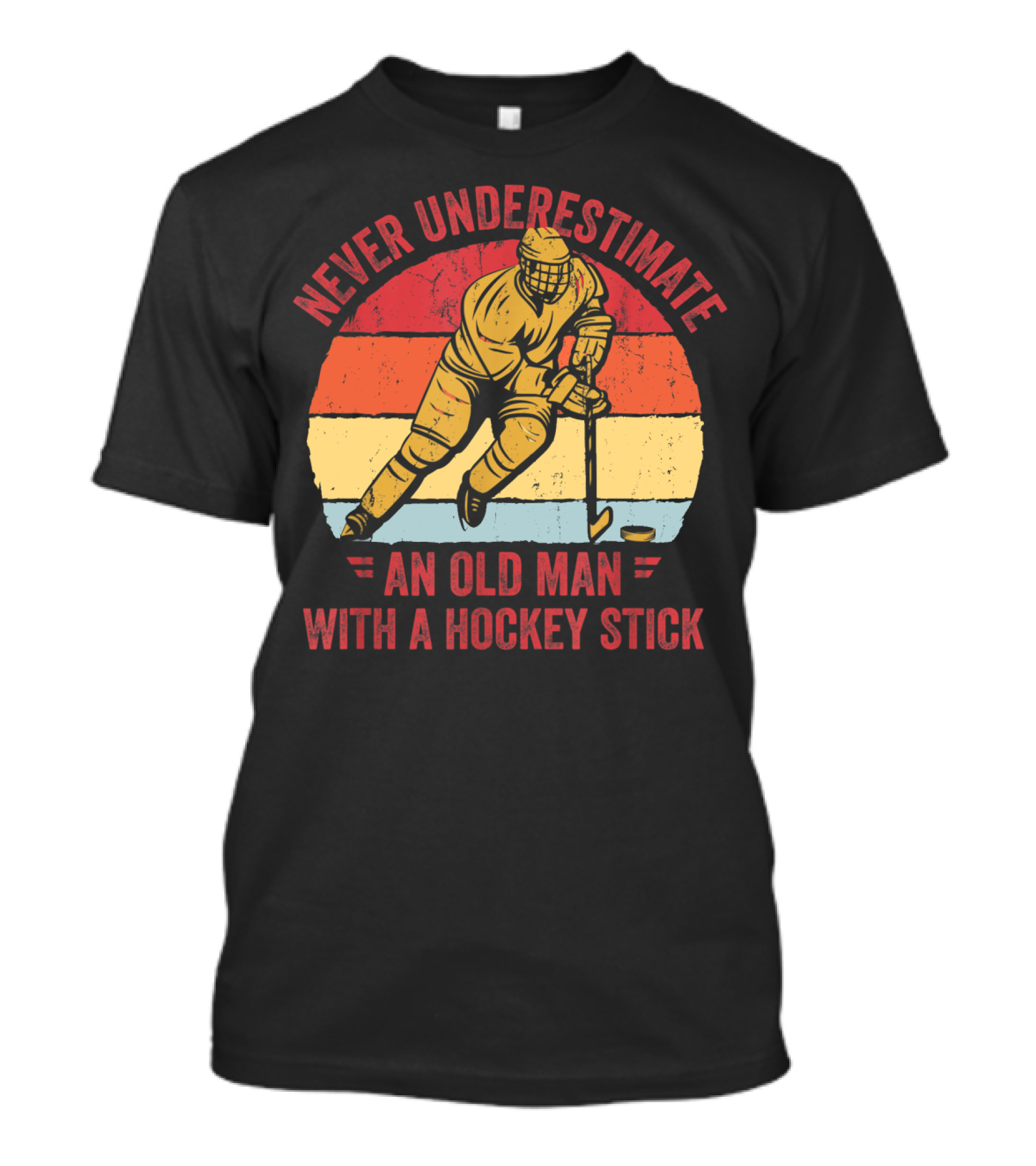 Never Underestimate An Old Man With A Hockey Stick Vintage Style Hockey Player Retro Stripes T-Shirt