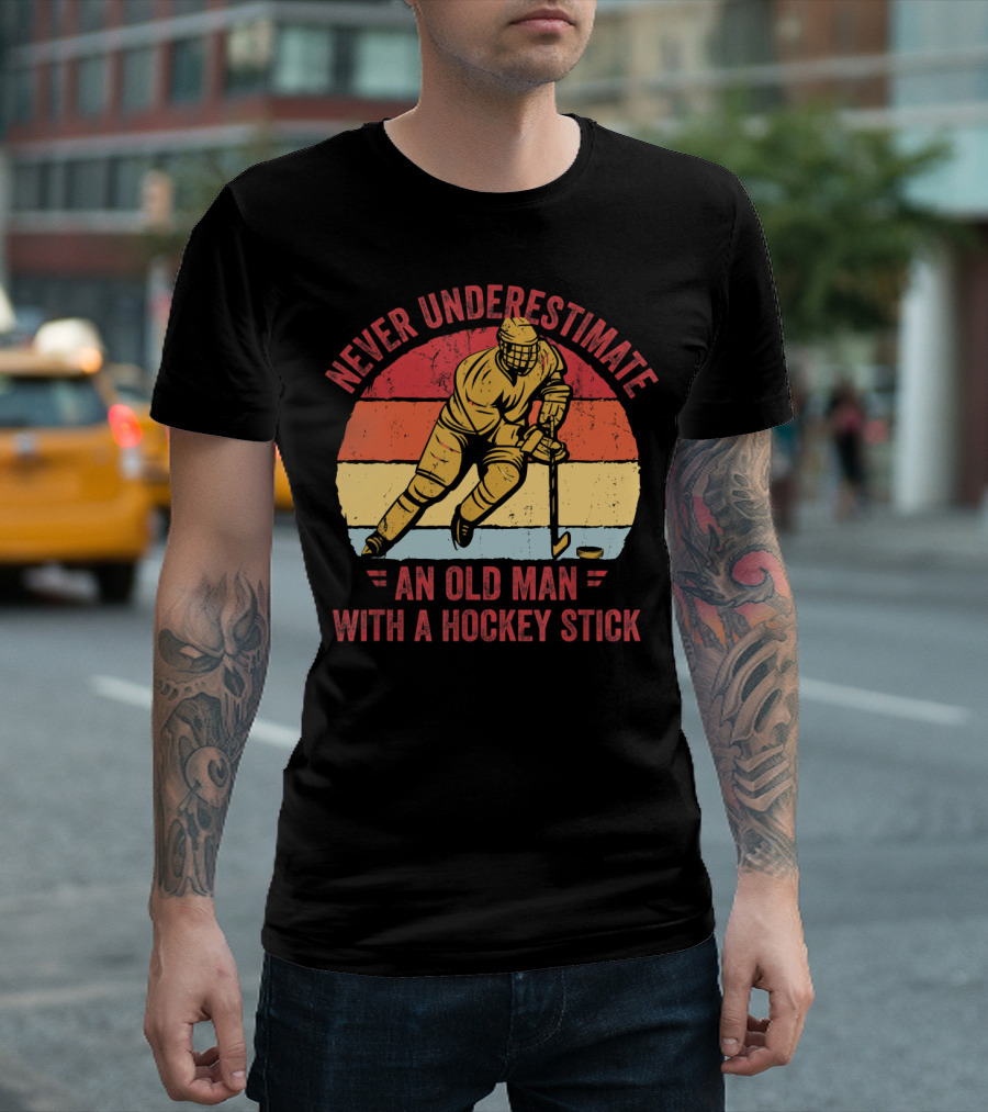 Never Underestimate An Old Man With A Hockey Stick Vintage Style Hockey Player Retro Stripes T-Shirt
