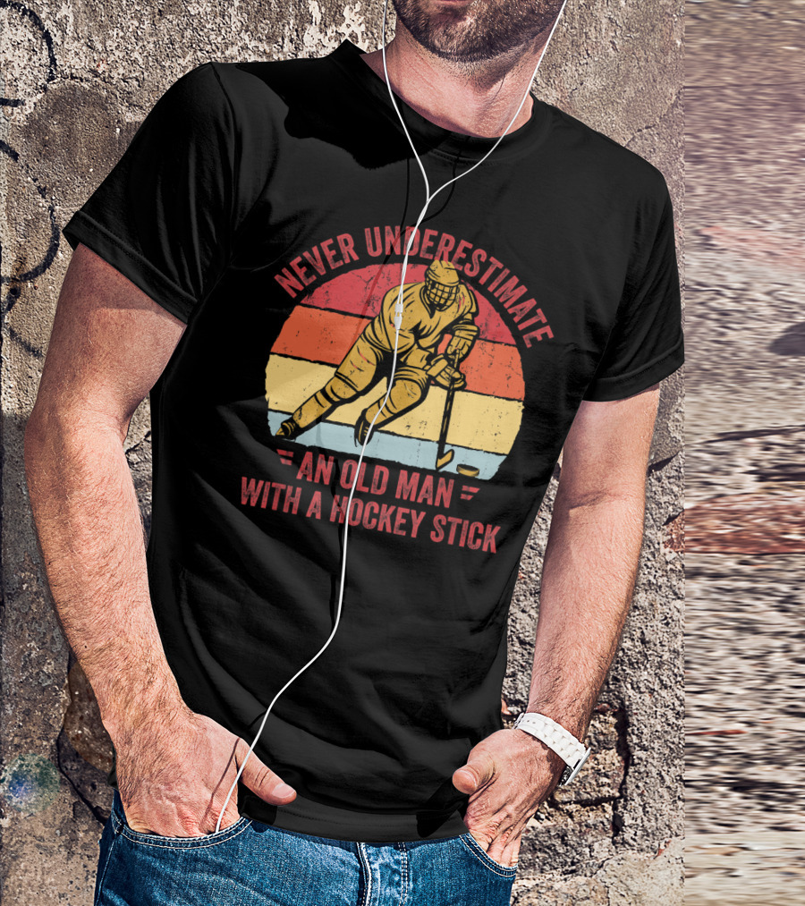 Never Underestimate An Old Man With A Hockey Stick Vintage Style Hockey Player Retro Stripes T-Shirt