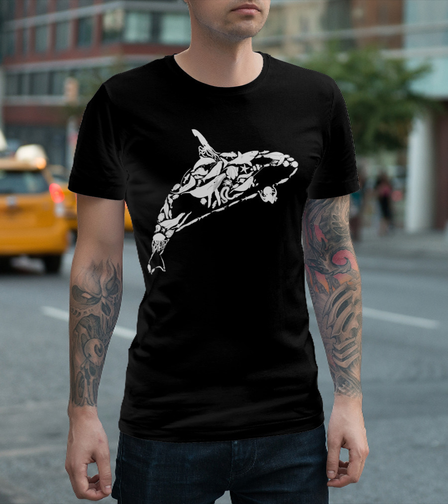 Orca Whale Composed of Ocean Creatures Including Jellyfish, Octopus, and Starfish T-Shirt