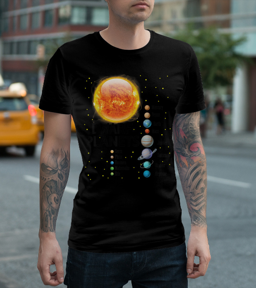 Solar System Sun Mercury Venus Earth Mars Jupiter Saturn Uranus Neptune Dwarf Planets Ceres Pluto Haumea Makemake Eris T-Shirt