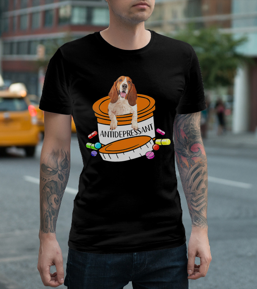 Basset Hound in Antidepressant Pill Bottle with Colorful Tablets T-Shirt