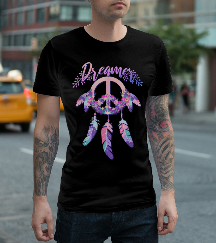 Dreamer Peace Sign Dreamcatcher Floral Boho 60s 70s T-Shirt