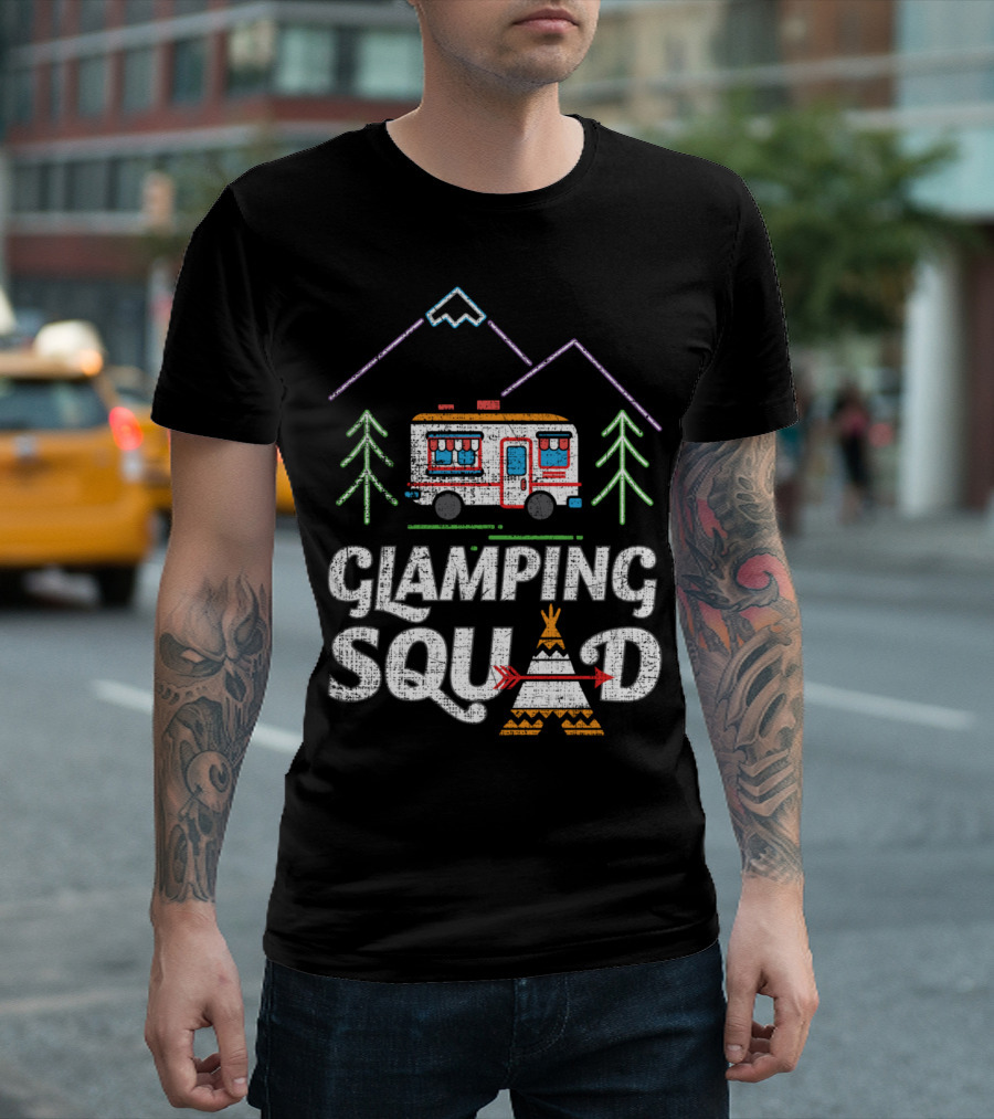 Glamping Squad RV Adventure with Mountain and Teepee Icons T-Shirt