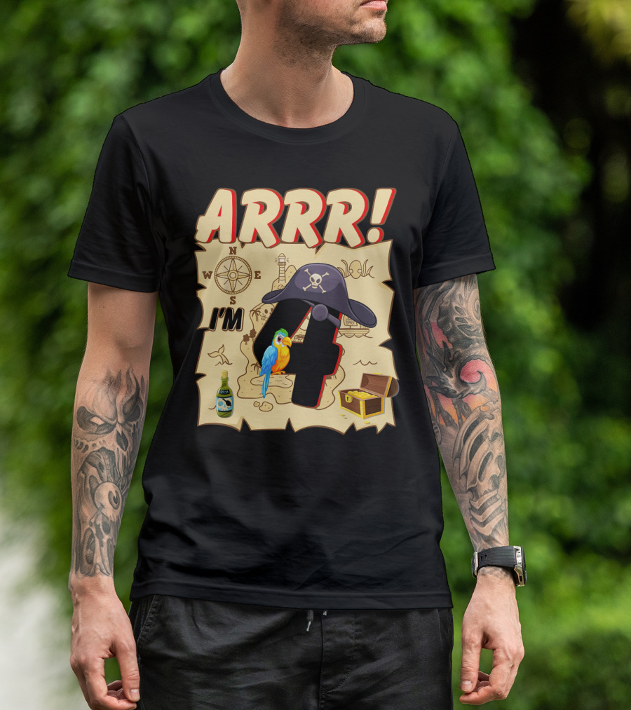 ARRR I'm 4 Pirate Adventure Treasure Map With Parrot And Pirate Hat T-Shirt