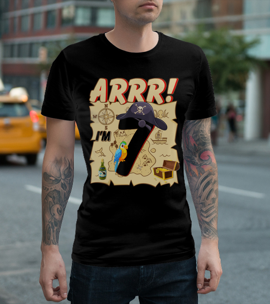 ARRR I'm 7 Pirate Birthday Treasure Map Parrot and Hat T-Shirt