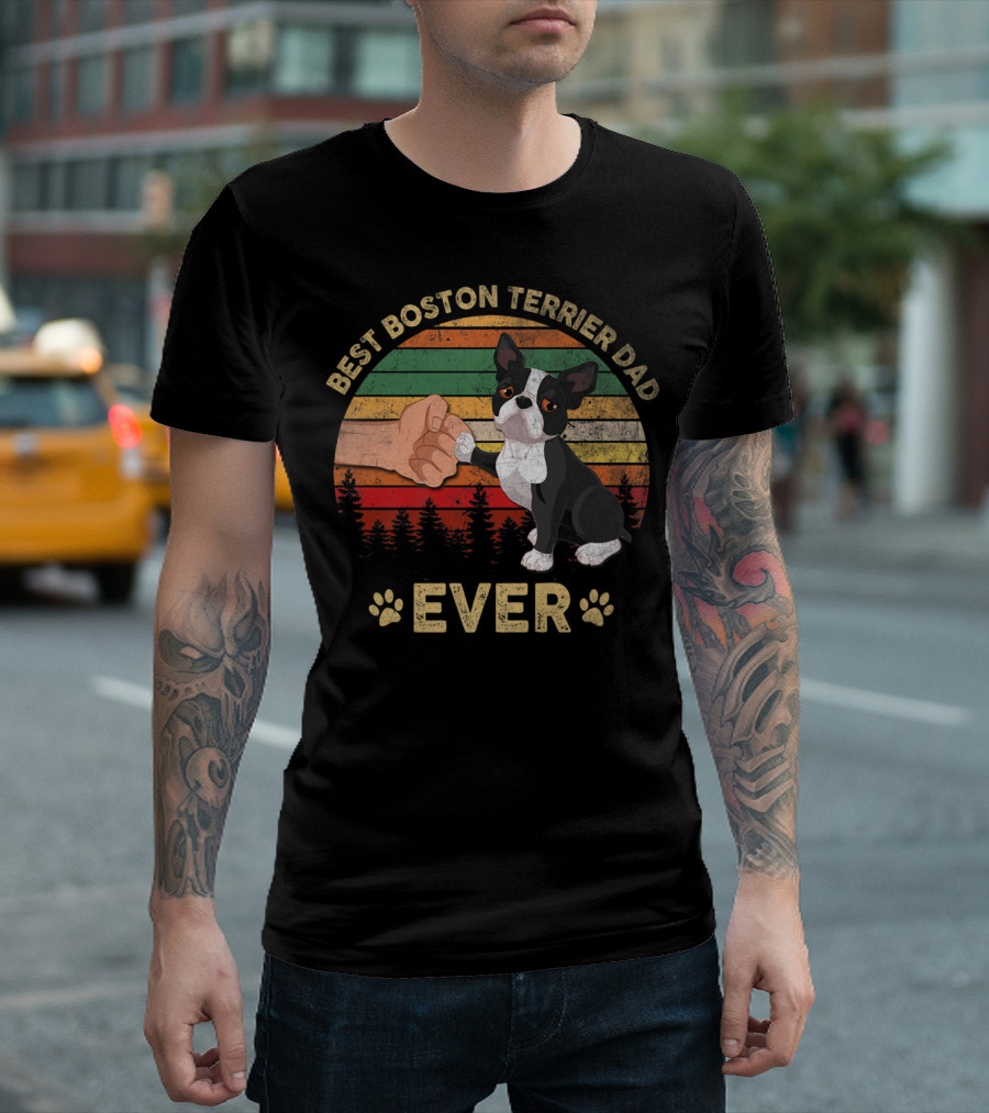 Best Boston Terrier Dad Ever Retro Fist Bump T-Shirt