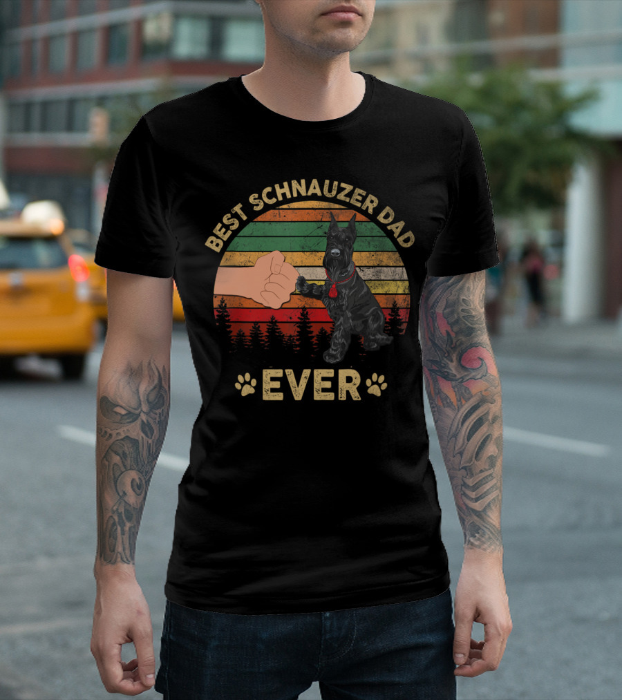 Best Schnauzer Dad Ever Paw Fist Bump Retro Forest T-Shirt