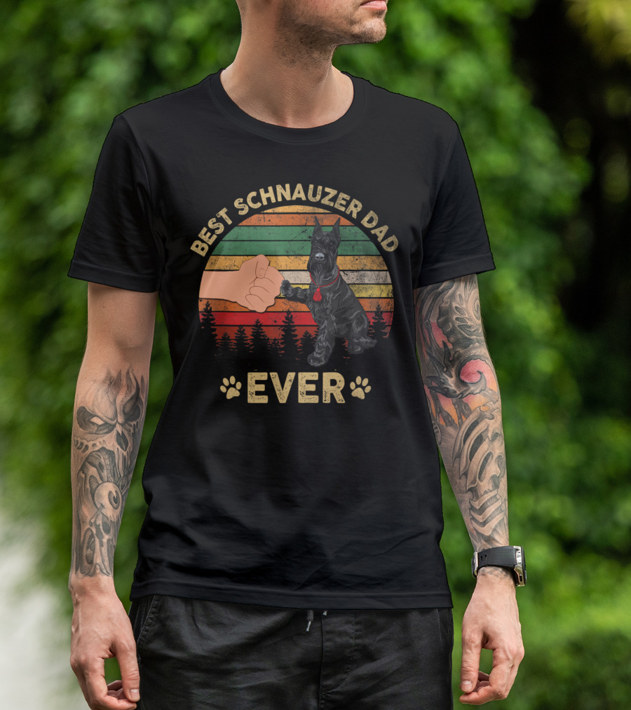 Best Schnauzer Dad Ever Paw Fist Bump Retro Forest T-Shirt